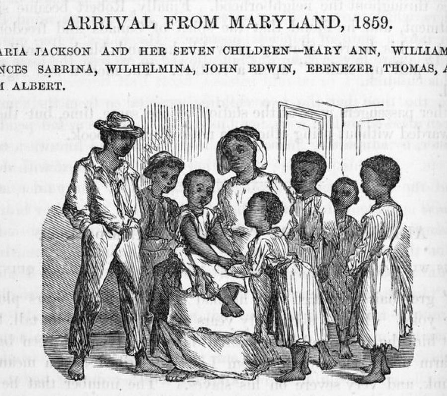 A historic illustration showing a seated woman surrounded by seven children indoors, with architectural details in the background and a heading above the image identifying the scene as an arrival from Maryland in 1859. The woman appears to the mother of Albert Jackson, surrounded by Albert and his siblings.