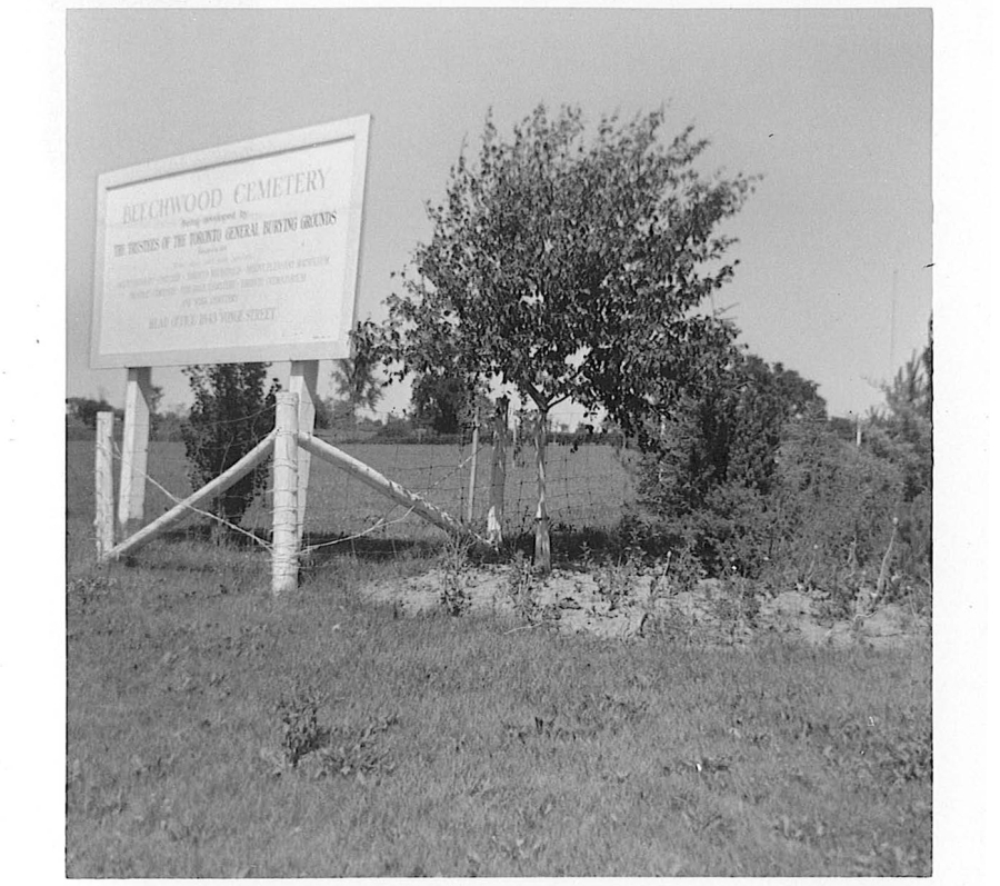 A black‑and‑white photograph of a rural roadside scene featuring a large sign for “Beechwood Cemetery” mounted on wooden posts. The sign is positioned to the left side of the image, next to a simple wire-and-post fence. A small tree and overgrown bushes stand nearby, partially obscuring the fence line. Beyond the sign and vegetation, an open field extends into the distance under a clear sky.