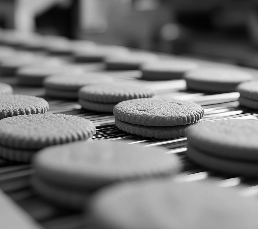 A black‑and‑white close‑up of round biscuits moving along a conveyor belt in a factory setting, showing rows of cookies evenly spaced as they travel through the production line.