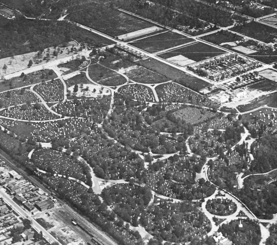 Aerial view of Mount Pleasant Cemetery showing its tree-lined pathways and landscaped grounds.