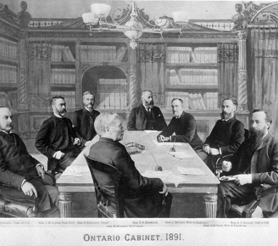 drawing of a group of men around a table
