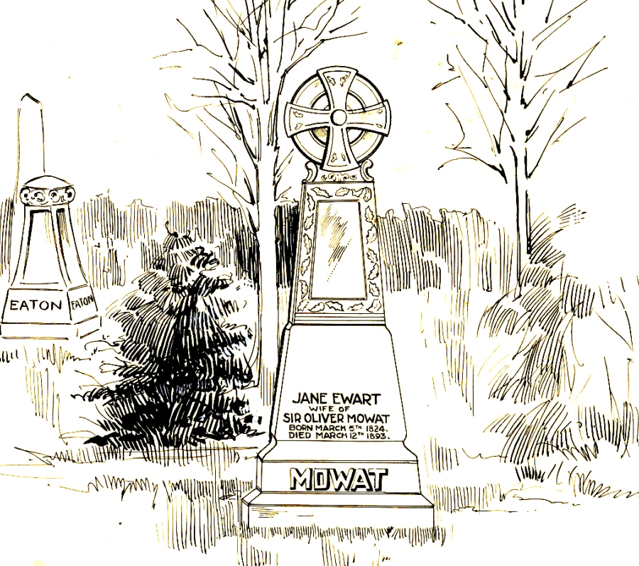 A detailed black-and-white illustration of a grave monument featuring a tall Celtic cross atop a pedestal in a cemetery setting. The inscription on the monument reads “Jane Ewart, wife of Sir Oliver Mowat,” with dates below, and the base is engraved “MOWAT.” Leafless trees and shrubs surround the grave, and another monument marked “Eaton” appears in the background,