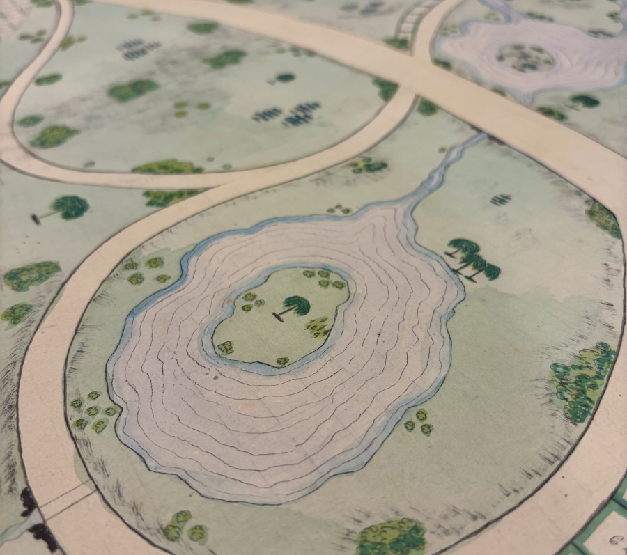 Illustrated site plan or map showing curving roads, pathways, and a small circular hill with contour lines at the centre, surrounded by green landscaped areas, trees, and numbered plots, rendered in soft pastel tones.