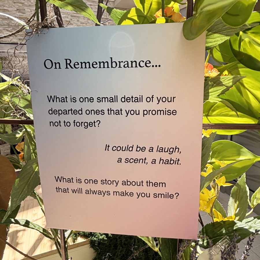“On Remembrance” sign among green leaves