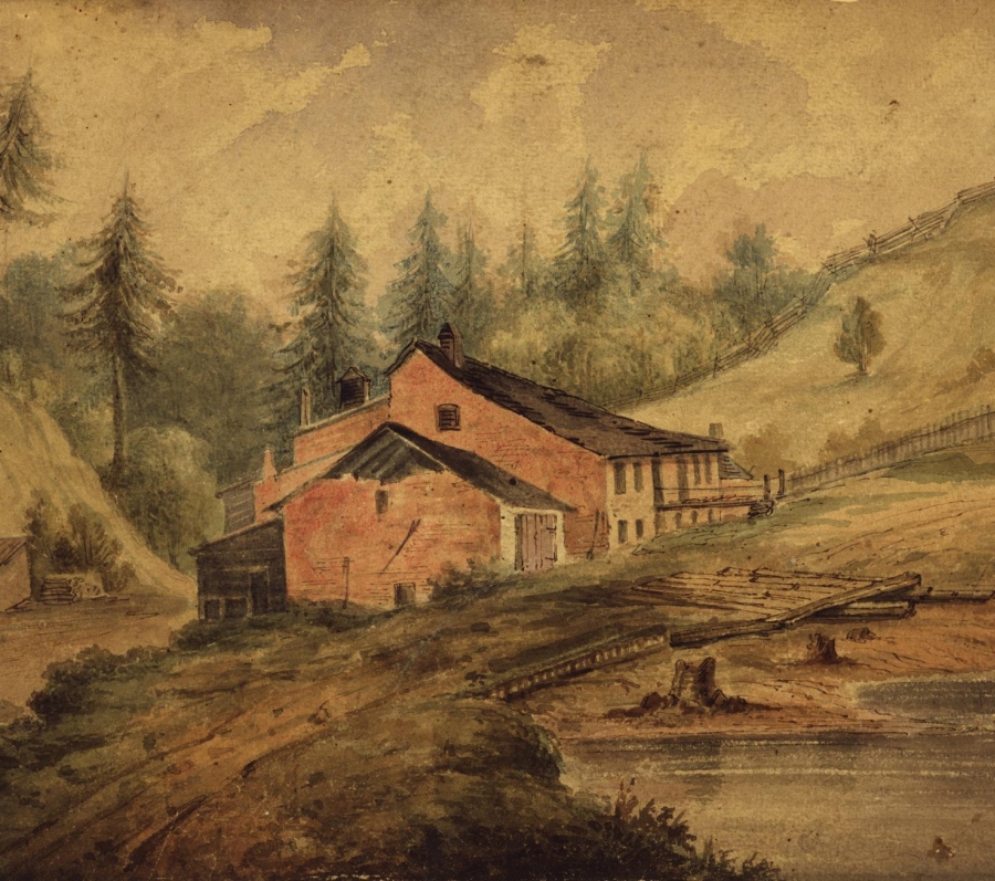 painting of a house on a hill