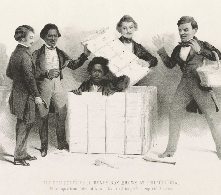 lithograph of a black man in a box surrounded by four men