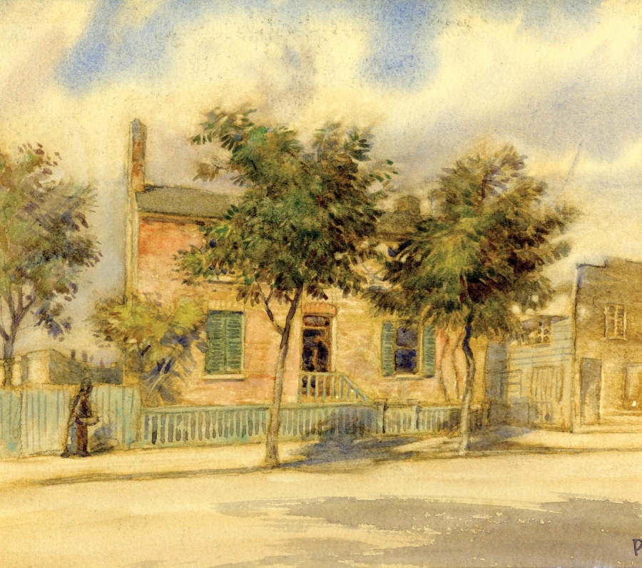 painting of a house with a tree in front