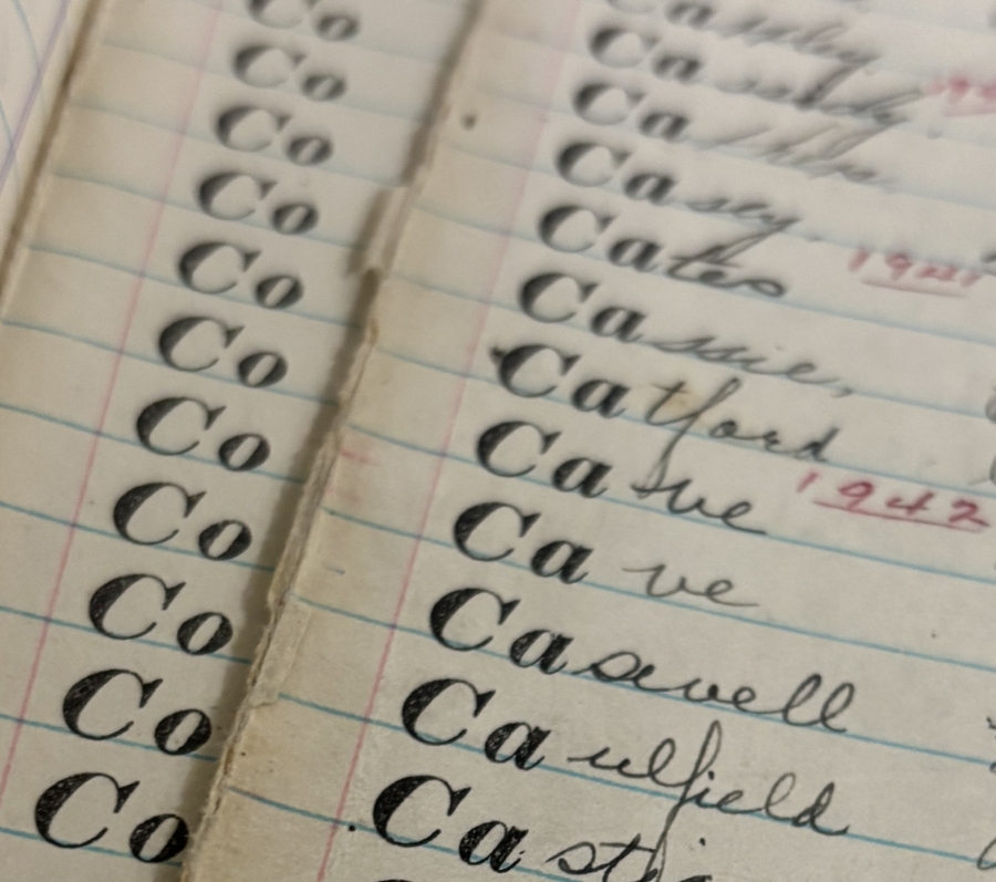 Close‑up of an open handwritten ledger showing neat cursive entries written in black ink on lined paper, with repeated surnames listed in columns across facing pages.