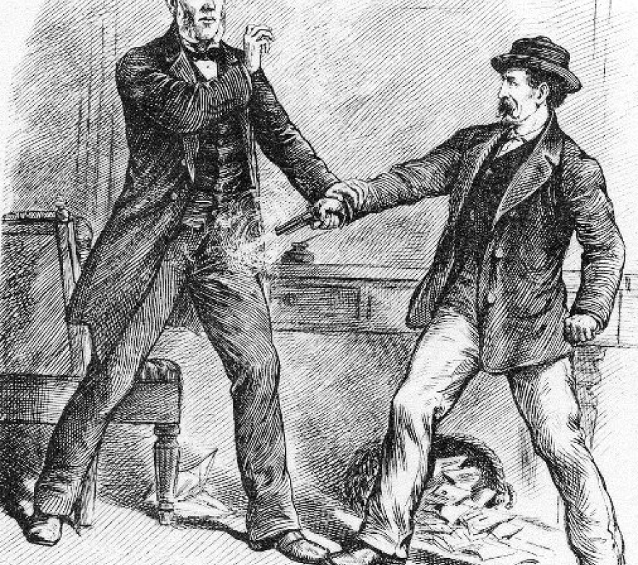 black and white drawing of two men in suits