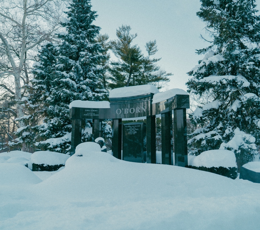 Snow‑covered cemetery scene featuring the Oborn family monument, a low, polished dark stone memorial with multiple engraved panels. Tall evergreen trees and leafless branches surround the monument, with deep snow covering the ground in a winter landscape.