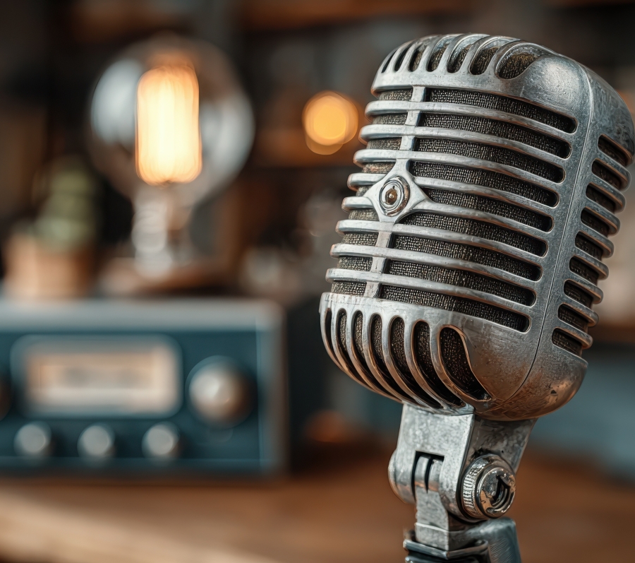 A close-up of a vintage-style metal microphone with a grille pattern, positioned in the foreground. In the softly blurred background, an old-fashioned radio and a warm, glowing filament bulb create a nostalgic broadcast studio atmosphere.