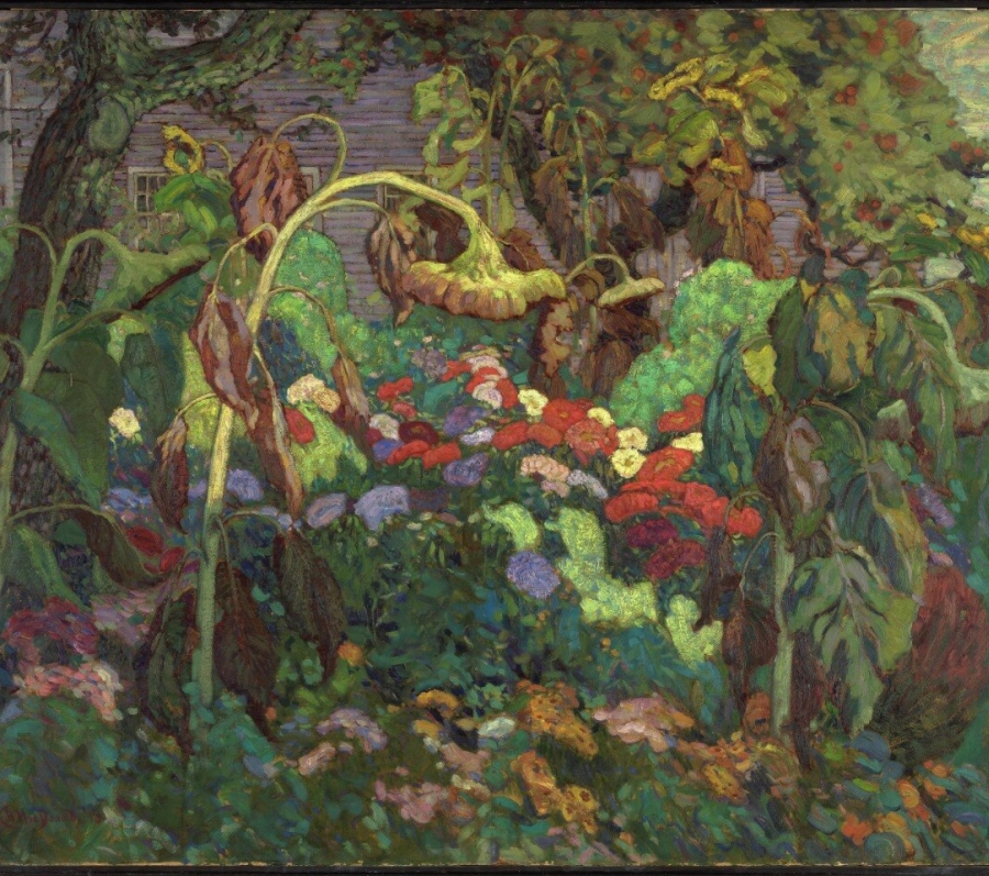 watercolour painting of trees and flowers