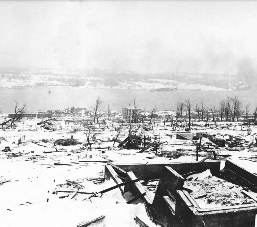 Black‑and‑white photograph of widespread destruction along a waterfront following an explosion. Snow‑covered ground is strewn with debris and collapsed structures, with leafless trees and damaged buildings visible across the landscape and the harbour in the distance.