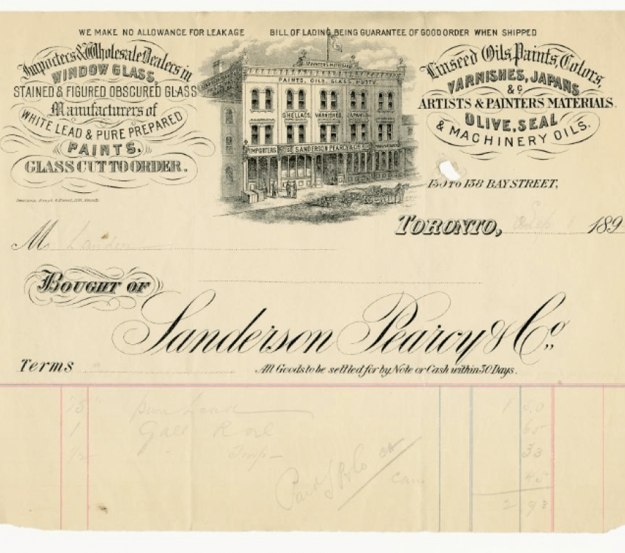 Historic 19th‑century business document for Sanderson Pearcy & Co., featuring ornate lettering, an engraved illustration of a multi‑storey commercial building, decorative headings advertising paints, oils, and glass, and handwritten ledger entries dated Toronto, 1899.