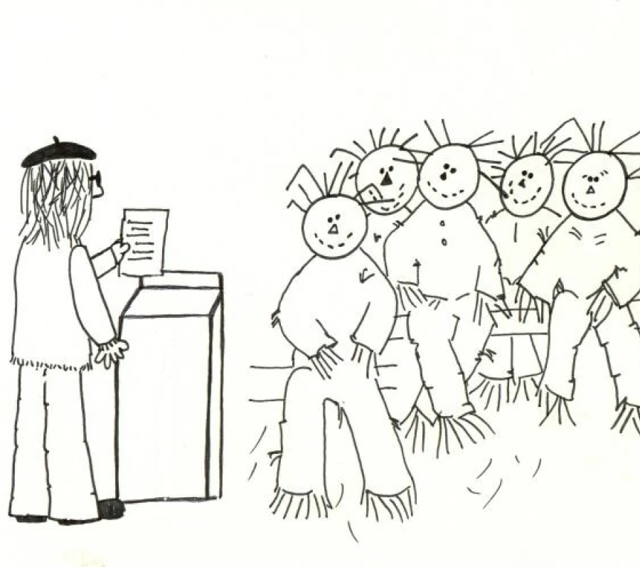 Simple black‑and‑white line drawing showing a person standing at a podium reading from a sheet of paper, facing a small group of seated, doll‑like or scarecrow‑style figures with round heads and straw‑like hair. The figures appear loosely posed, creating a whimsical, hand‑drawn scene.