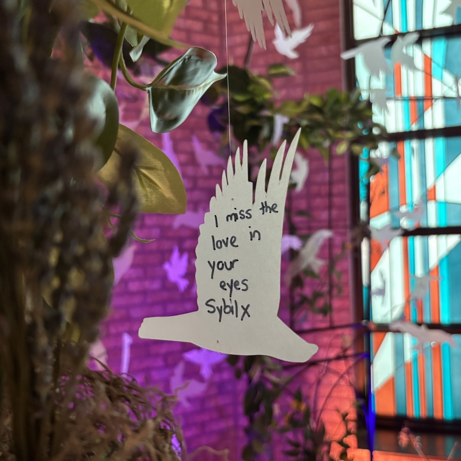 White dove note reading “I miss the love in your eyes.”