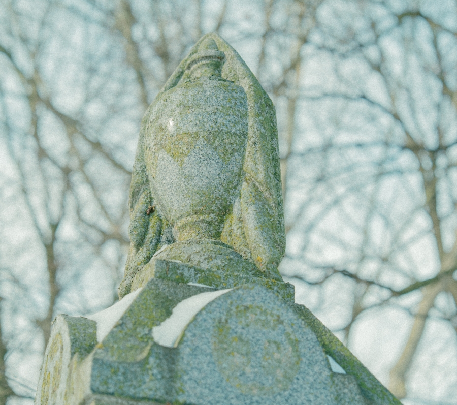 Close‑up view of a carved stone urn atop a grave monument, weathered with patches of lichen. Leafless trees and soft daylight blur into the background, creating a calm, reflective cemetery setting.
