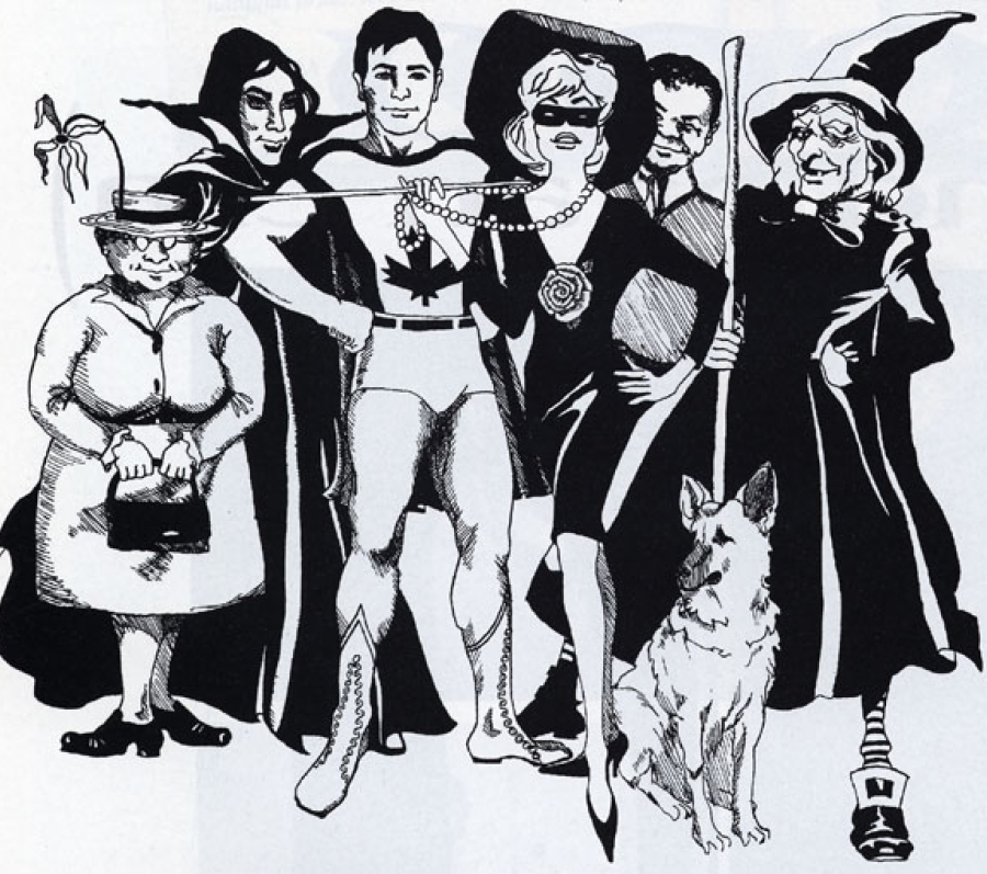 A cartoon line drawing of six characters and a dog. The characters are wearing different costumes and appear somewhat like superheroes.