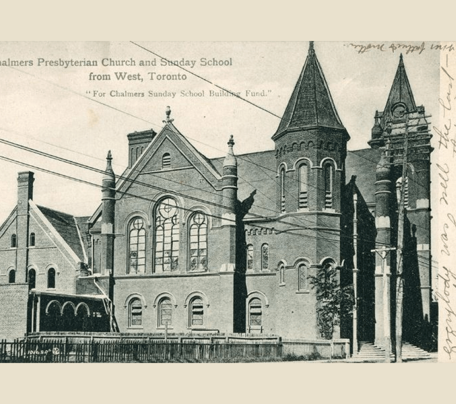 Historic postcard view of Chalmers Presbyterian Church and Sunday School in Toronto, showing a large Romanesque‑style brick church with arched windows, a central tower, and corner turrets. Overhead utility wires cross the scene, and handwritten postcard notes appear along the top and right margins.