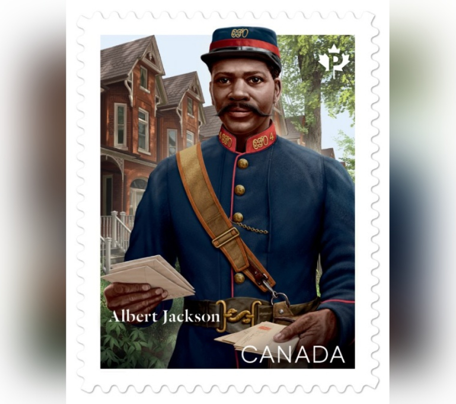 Illustrated Canadian postage stamp honoring Albert Jackson, showing a uniformed historical postal worker holding letters in front of brick residential houses and leafy trees, with “CANADA” printed at the bottom.
