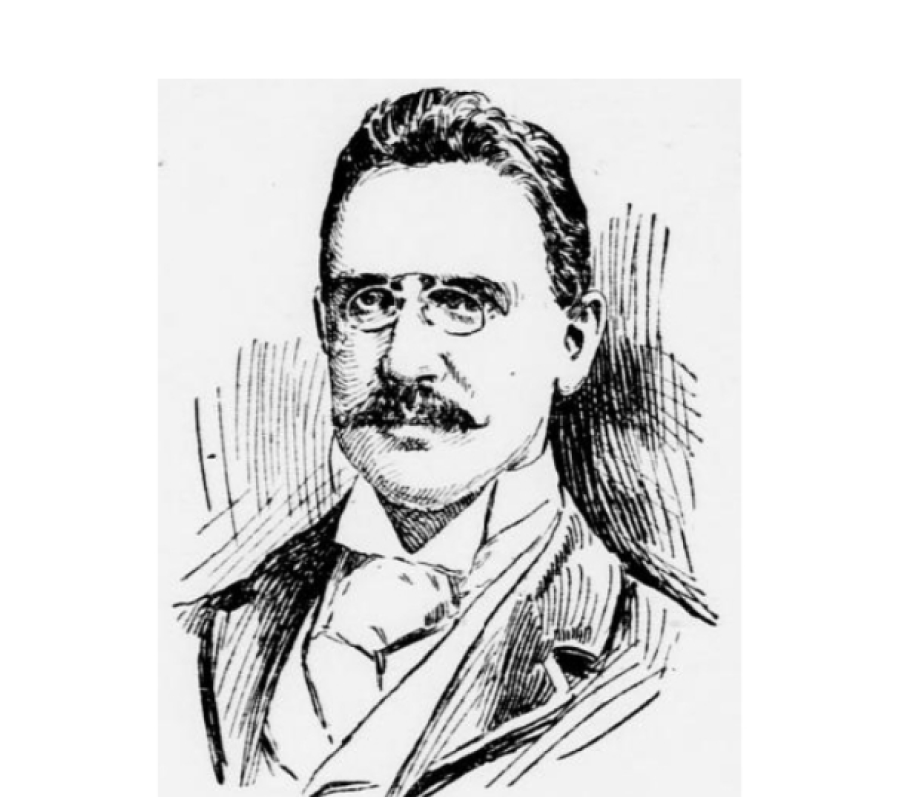 Illustrated portrait of J. J. Kelso wearing a suit jacket, high‑collared shirt, and tie, shown from the chest up in a newspaper‑style line drawing with fine cross‑hatching