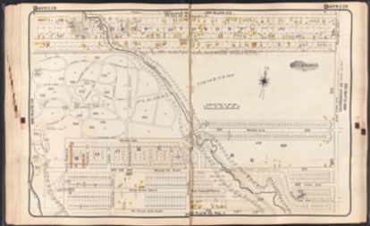 Historic map layout of a cemetery and surrounding plots.