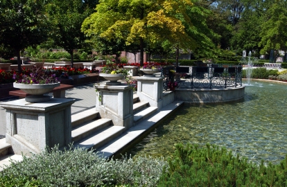planters leading into a pond at mount pleasant cemetery