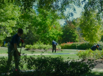 Groundskeepers tending landscaped greenery in a park‑like cemetery.