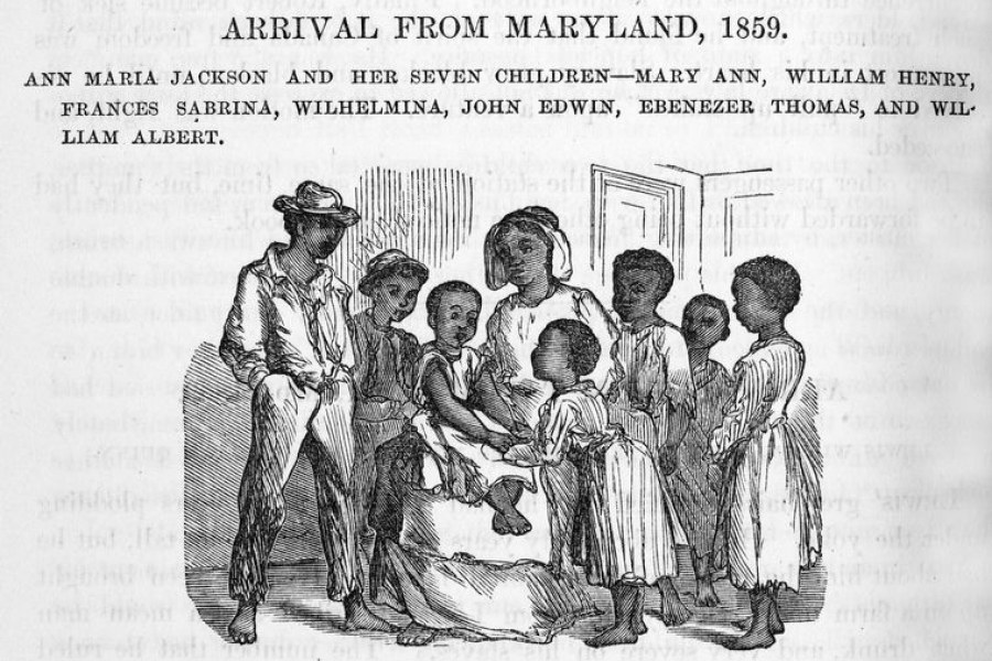 A historic illustration showing a seated woman surrounded by seven children indoors, with architectural details in the background and a heading above the image identifying the scene as an arrival from Maryland in 1859. The woman appears to the mother of Albert Jackson, surrounded by Albert and his siblings.