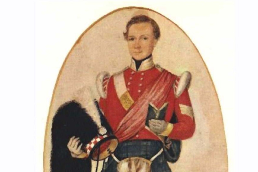 Historic painting of a man in military uniform and tartan kilt, holding a bearskin hat.