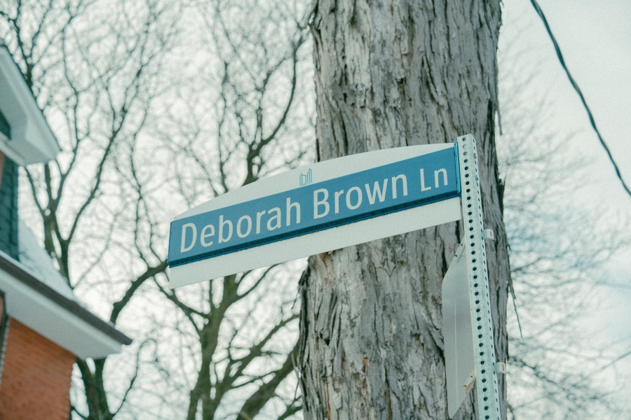 Close‑up of a blue and white street sign reading “Deborah Brown Ln,” mounted on a metal post beside a tree in a residential neighbourhood.