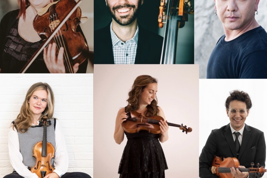 Six musicians holding string instruments, shown in individual portrait photos arranged in a collage.