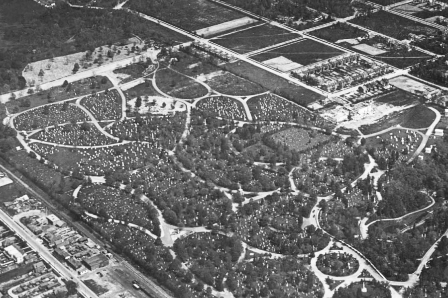 Aerial view of Mount Pleasant Cemetery showing its tree-lined pathways and landscaped grounds.