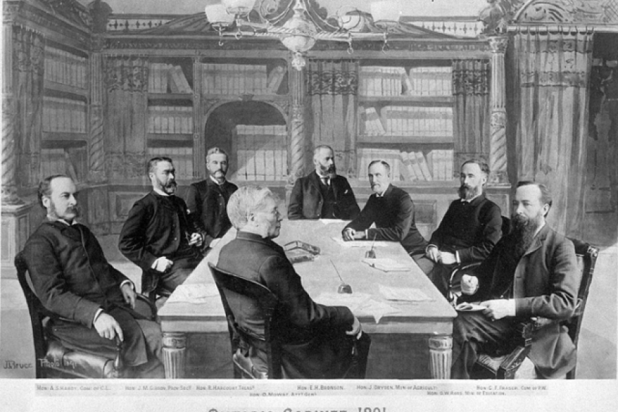 drawing of a group of men around a table