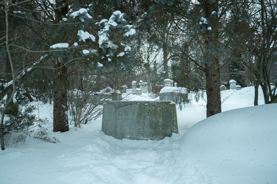 Snow‑covered cemetery landscape with a low, curved stone grave marker partially buried in snow beneath spreading tree branches. Additional headstones and leafless trees are visible in the background, creating a quiet winter scene.
