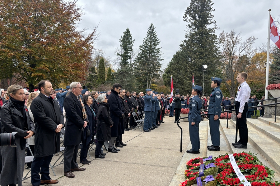 people and soldiers standing on guard for Remembrance Day