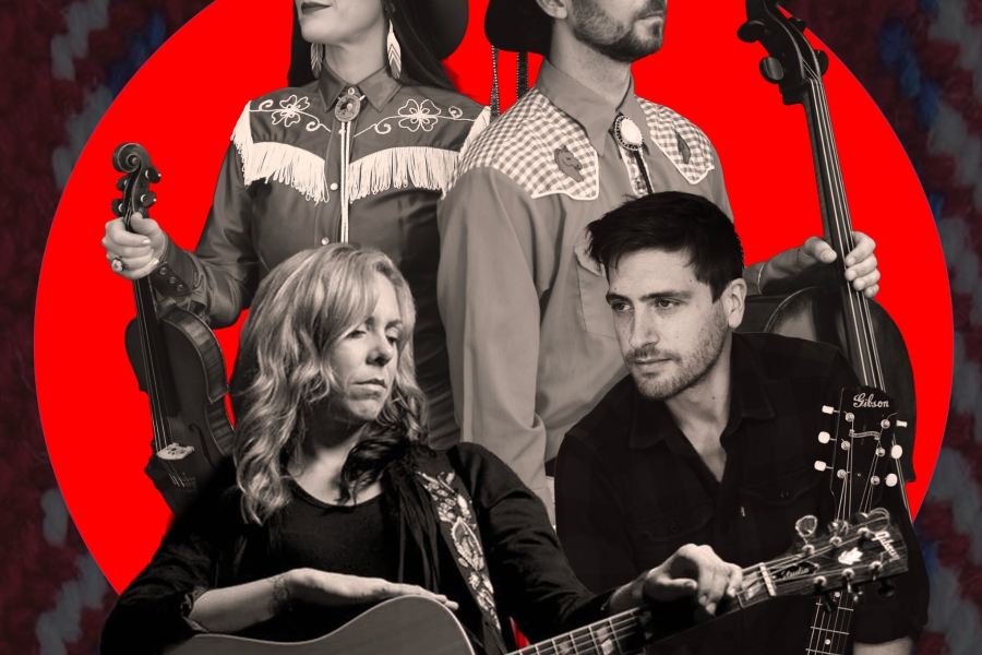 Four musicians in a stylized collage with violin, cello, and guitars against a bold red background.