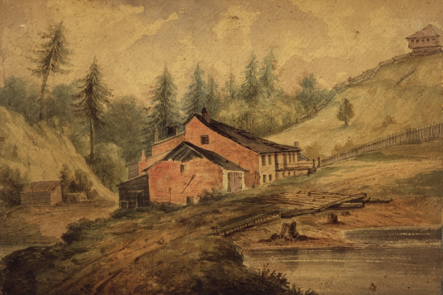 painting of a house on a hill