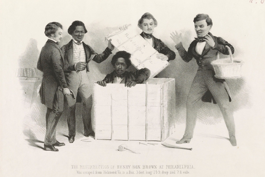 lithograph of a black man in a box surrounded by four men