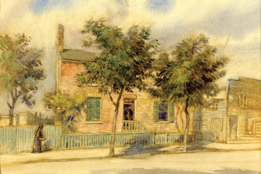 painting of a house with a tree in front
