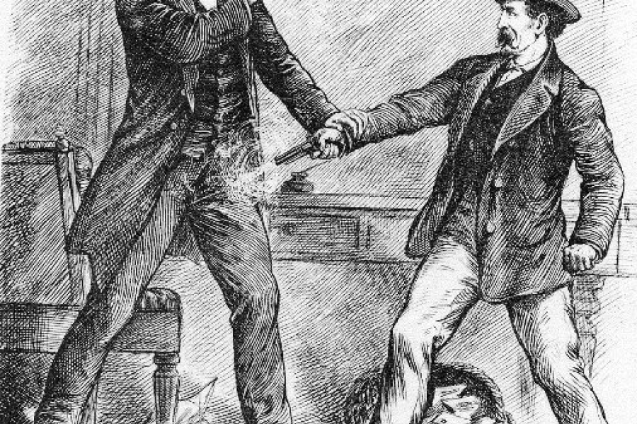 black and white drawing of two men in suits