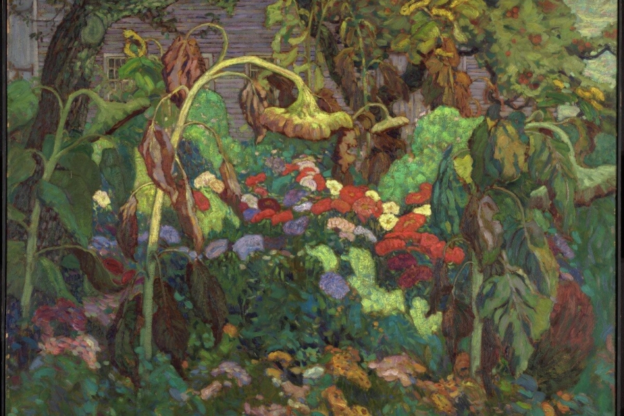 watercolour painting of trees and flowers