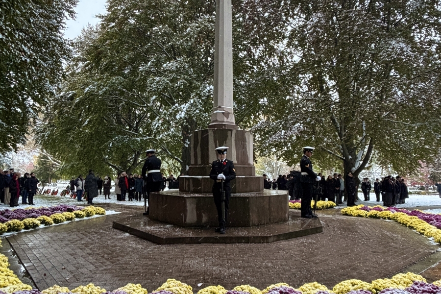 A snow-dusted veterans memorial cross stands at the center of a circular garden filled with purple and yellow flowers, surrounded by tall trees. Uniformed guards stand watch as people gather quietly in the background, creating a solemn, reflective atmosphere.