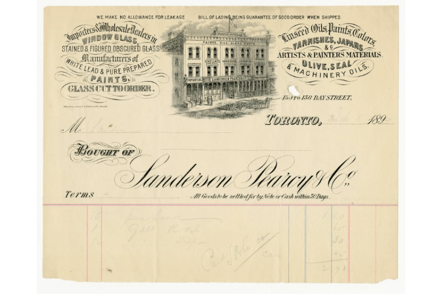 Historic 19th‑century business document for Sanderson Pearcy & Co., featuring ornate lettering, an engraved illustration of a multi‑storey commercial building, decorative headings advertising paints, oils, and glass, and handwritten ledger entries dated Toronto, 1899.