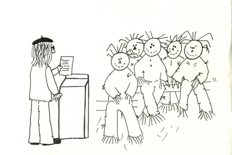 Simple black‑and‑white line drawing showing a person standing at a podium reading from a sheet of paper, facing a small group of seated, doll‑like or scarecrow‑style figures with round heads and straw‑like hair. The figures appear loosely posed, creating a whimsical, hand‑drawn scene.