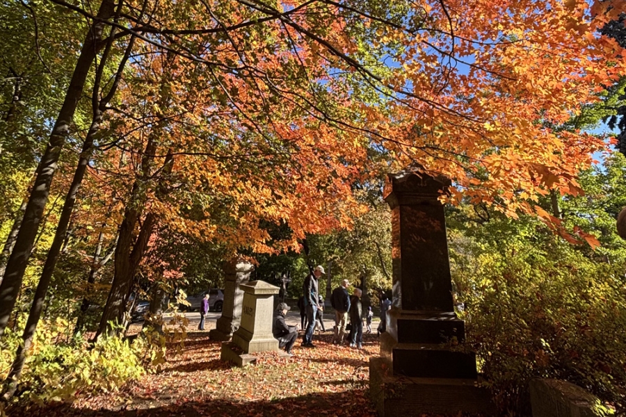 Autumn scene in a wooded cemetery with colorful fall leaves overhead and several stone monuments along a leaf-covered path.