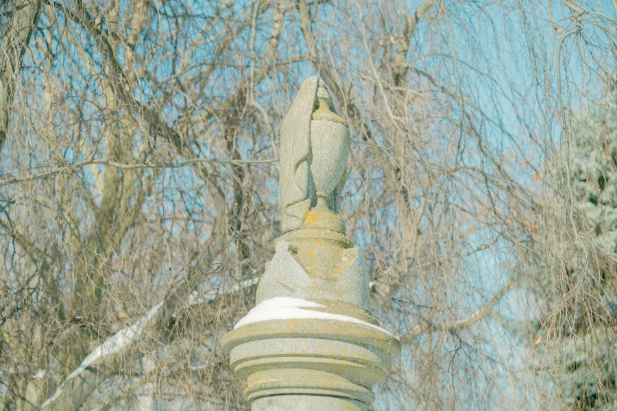 Close‑up view of a carved stone urn atop a grave monument, weathered with patches of lichen. Leafless trees and soft daylight blur into the background, creating a calm, reflective cemetery setting.