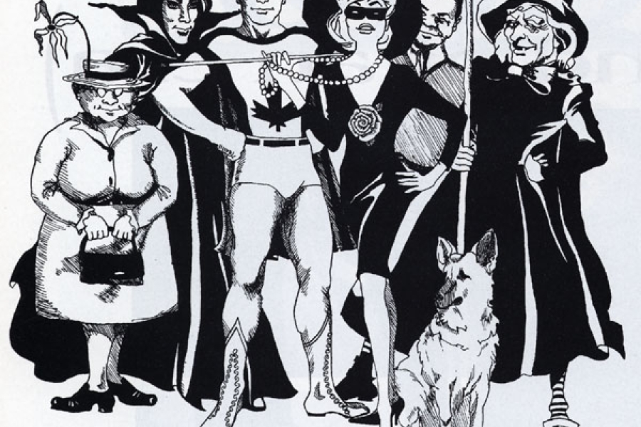 A cartoon line drawing of six characters and a dog. The characters are wearing different costumes and appear somewhat like superheroes.