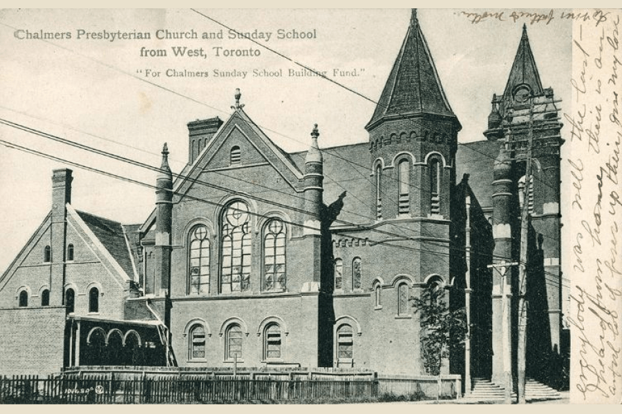 Historic postcard view of Chalmers Presbyterian Church and Sunday School in Toronto, showing a large Romanesque‑style brick church with arched windows, a central tower, and corner turrets. Overhead utility wires cross the scene, and handwritten postcard notes appear along the top and right margins.