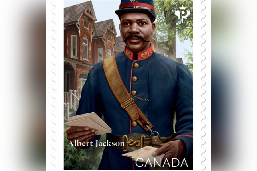 Illustrated Canadian postage stamp honoring Albert Jackson, showing a uniformed historical postal worker holding letters in front of brick residential houses and leafy trees, with “CANADA” printed at the bottom.
